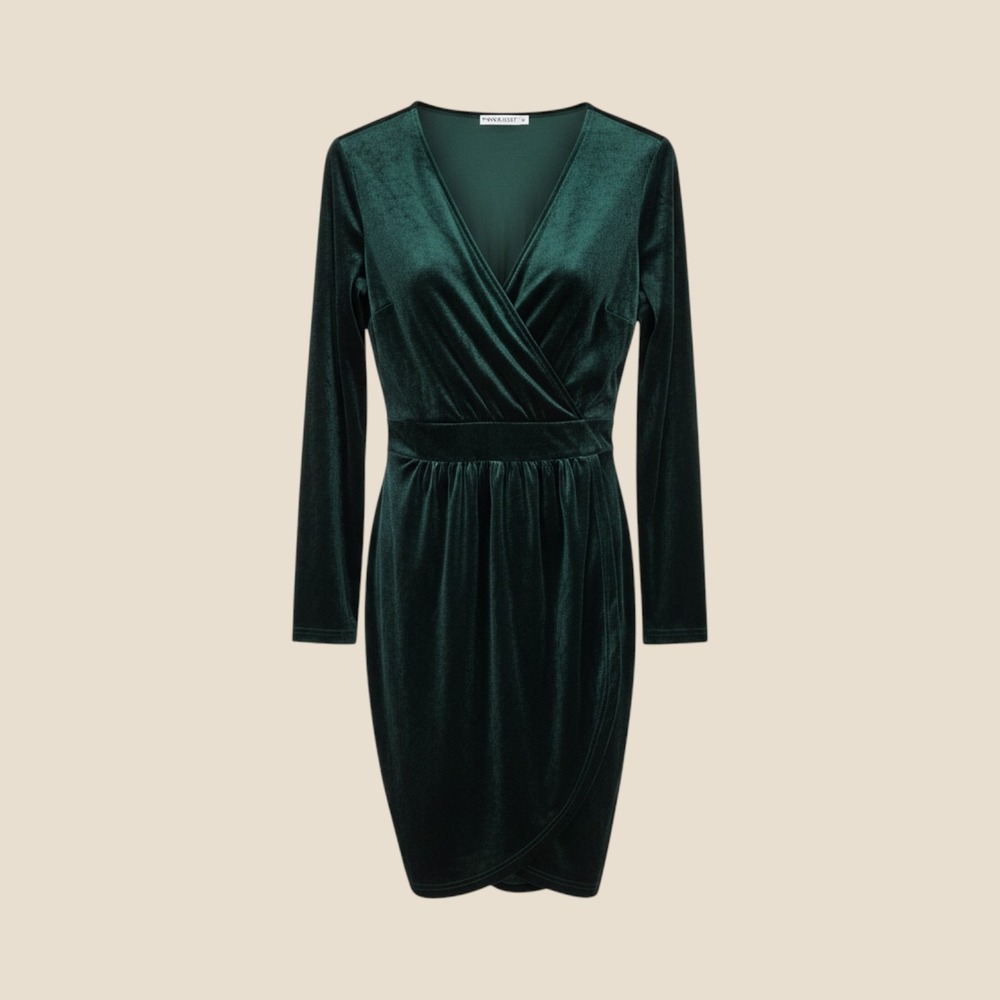 Emerald Green Velvet Faux Wrap V-Neck Long Sleeve Cocktail Tulip Dress M Fall